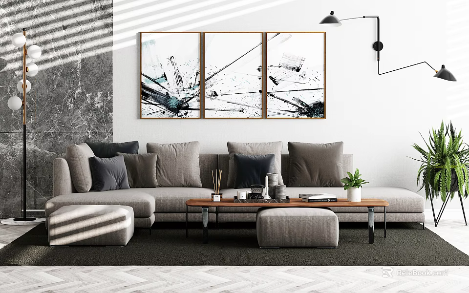 Modern Sofa And Coffee Table Set With Throw Pillows And Wall Art Decor 3d model