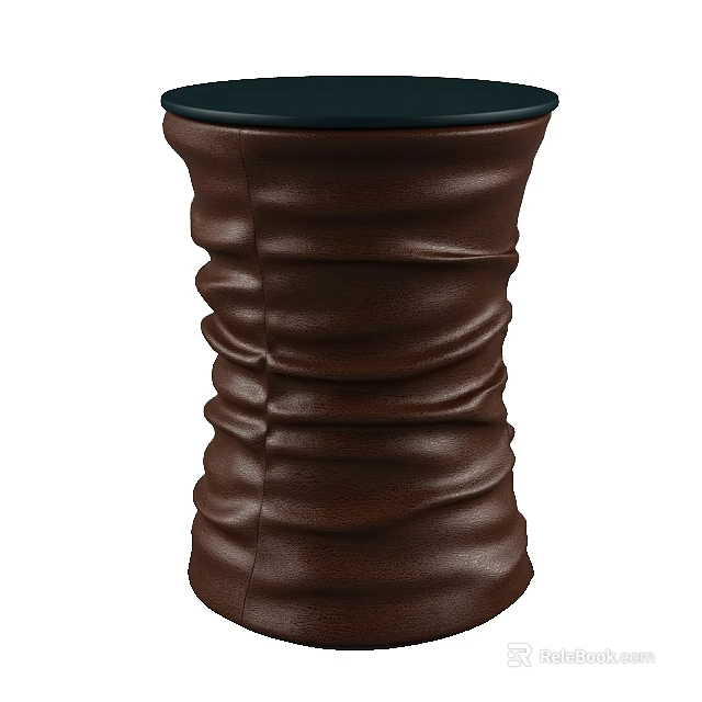 Modern Brown Leather Sofa Stool with Wrinkled Texture and Black Round Top 3d model
