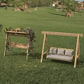 Outdoor Wooden Swing Chairs With Vine Flower Decor And Striped Cushions On Green Grass