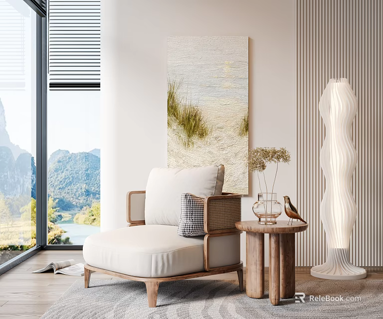 Single Sofa Living Room With Mountain View Wall Art Floor Lamp And Side Table 3d model 
