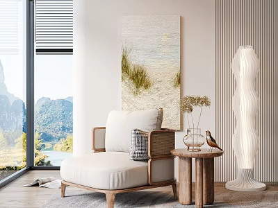 Single Sofa Living Room With Mountain View Wall Art Floor Lamp And Side Table 3d model