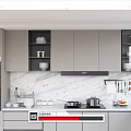 Sleek Modern Kitchen Interior Design With Gray Cabinets Marble Backsplash And Appliances 3d model