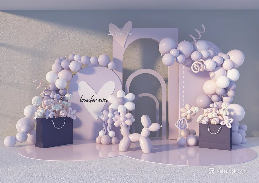 Purple Inflatable Party Setup with Balloon Arch Heart Decor Flower Bouquets and Black Shopping Bags 3d model 
