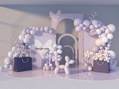 Purple Inflatable Party Setup with Balloon Arch Heart Decor Flower Bouquets and Black Shopping Bags 3d model
