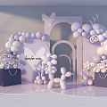 Purple Inflatable Party Setup with Balloon Arch Heart Decor Flower Bouquets and Black Shopping Bags