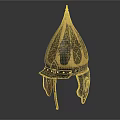 Intricate Blue And Gold Decorated Ancient Helmet With Pointed Top And Historical Weapon Design