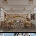 Woodworking Workshop Interior With Wooden Tables Stools Tool Wall Windows And Pendant Lights