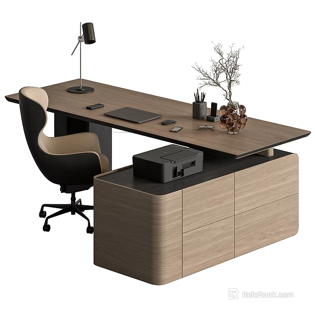 Modern Wooden Office Desk Setup With Table Lamp Tablet Mouse Pen Holder And Office Chair 3d model 