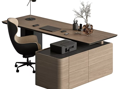 Modern Wooden Office Desk Setup With Table Lamp Tablet Mouse Pen Holder And Office Chair 3d model