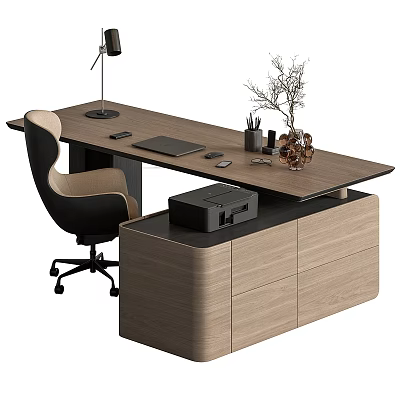 Modern Wooden Office Desk Setup With Table Lamp Tablet Mouse Pen Holder And Office Chair 3d model