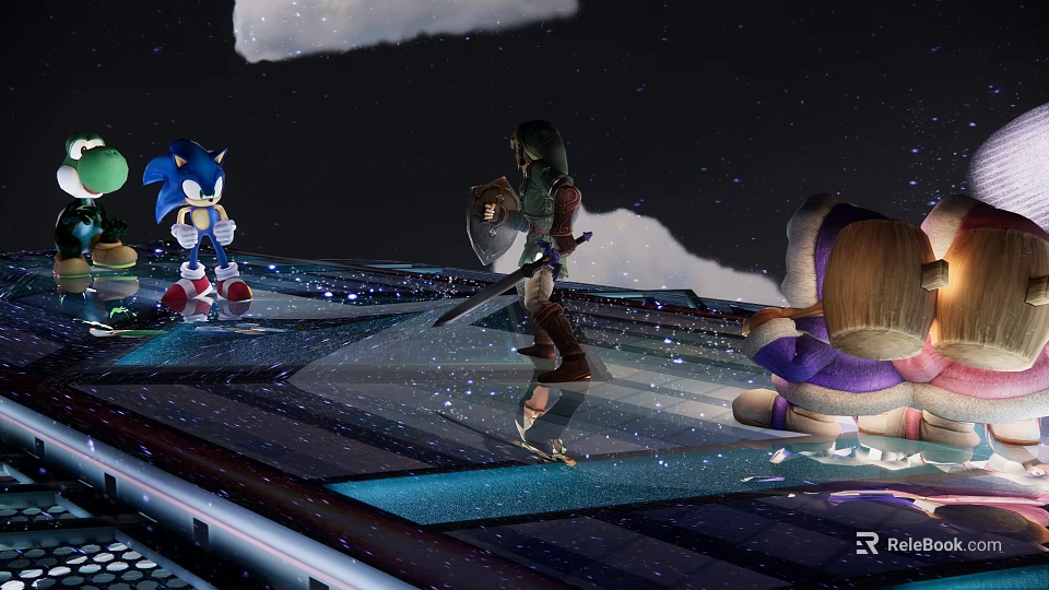 Blue Hedgehog Warrior With Shield And Sword On Starry Sky Platform With Purple Character 3d model 