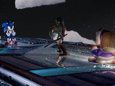 Blue Hedgehog Warrior With Shield And Sword On Starry Sky Platform With Purple Character 3d model