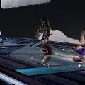Blue Hedgehog Warrior With Shield And Sword On Starry Sky Platform With Purple Character