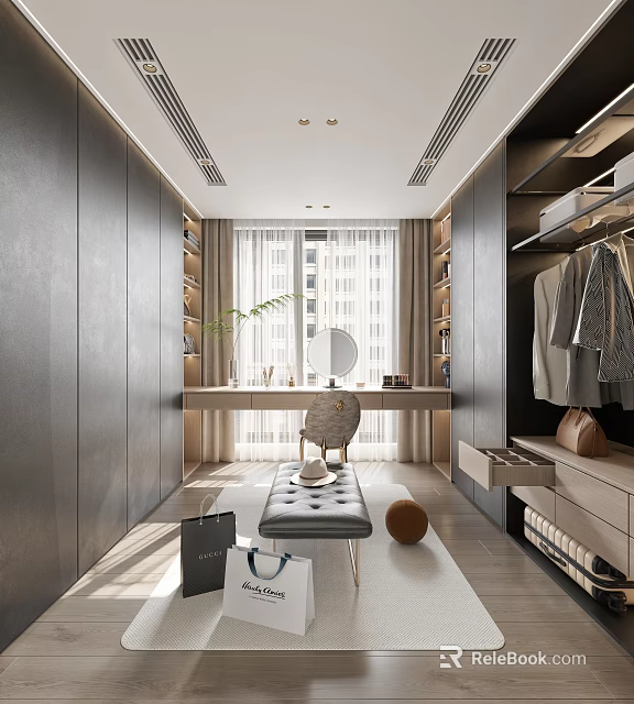 Modern Minimalist Closet Interior With Dressing Table Wardrobes And Curtains 3d model 