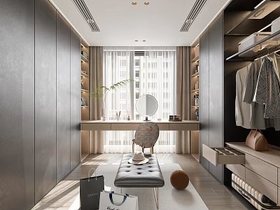 Modern Minimalist Closet Interior With Dressing Table Wardrobes And Curtains 3d model