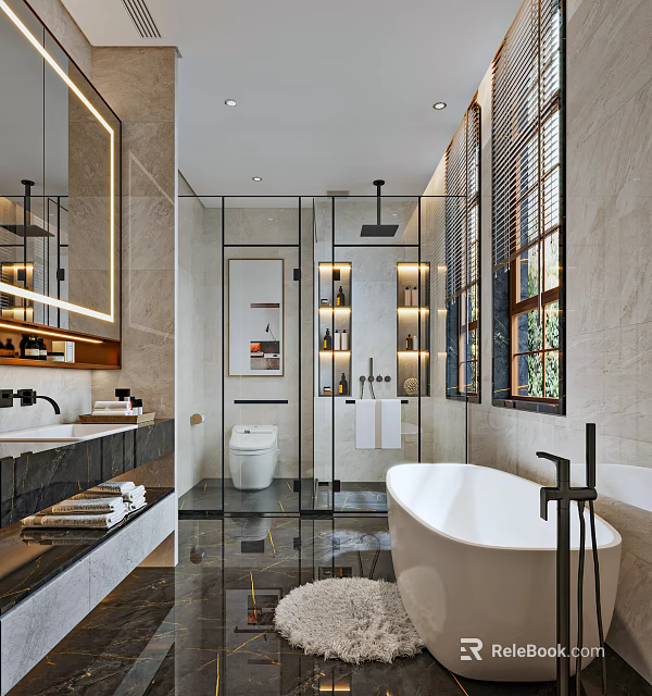 Modern Bathroom Interior With Free Standing Bathtub Glass Shower Double Vanity And Large Mirror 3d model 