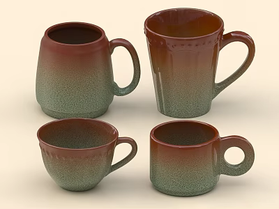 Ceramic Mugs Set of Four with Red Brown Green Gradient Color and Handles 3d model
