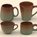 Ceramic Mugs Set of Four with Red Brown Green Gradient Color and Handles