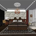 Elegant Bedroom Interior With Chandelier Patterned Wallpaper Dark Brown Bed Rug And Chair