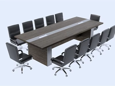 Modern Rectangular Conference Table With Wooden Top And Black Rolling Chairs 3d model