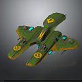 Futuristic Green And Orange Cosmic Spaceship With Blue Lights And Wing Structure