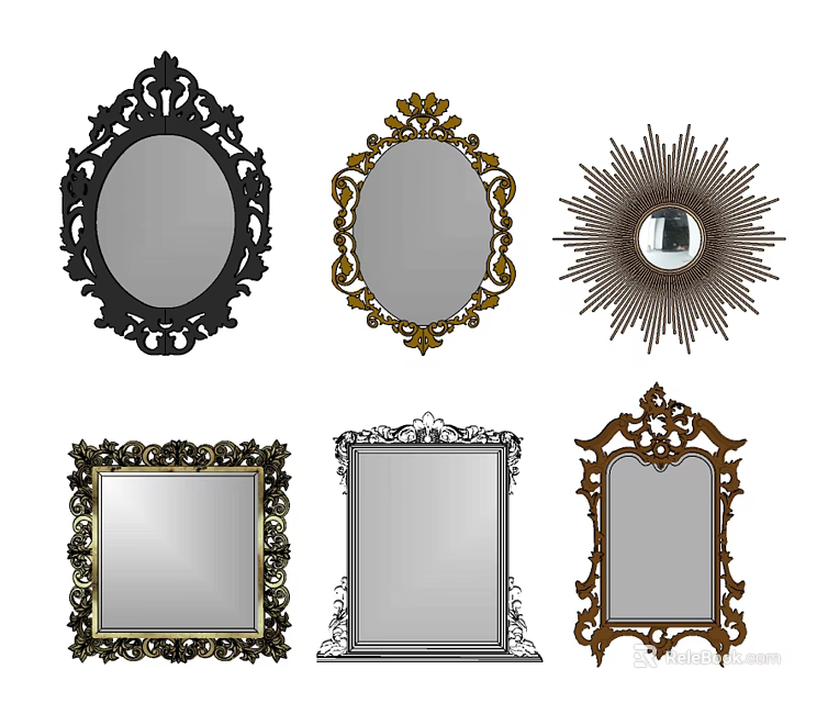 Stylish Decorative Mirrors Featuring Ornate Vintage Modern Sunburst Frame Designs 3d model
