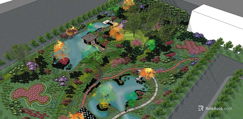 Square Landscape Design Featuring Water Pools Pavilion Winding Paths Colorful Trees And Flowers 3d model 