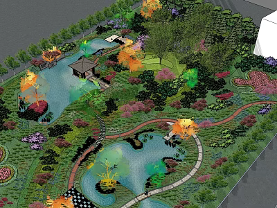 Square Landscape Design Featuring Water Pools Pavilion Winding Paths Colorful Trees And Flowers 3d model