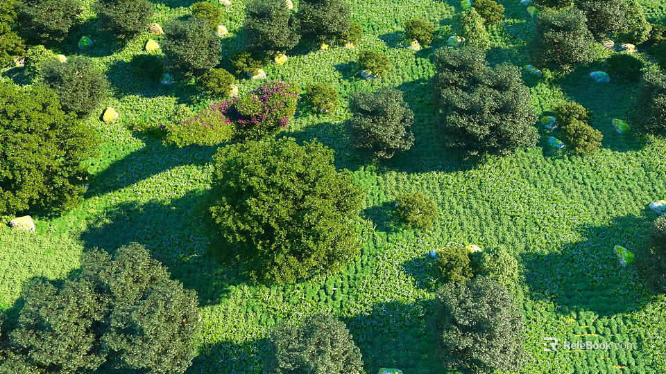 Arbor Trees Growing In Lush Green Grassland With Shrubs And Natural Scenery 3d model 