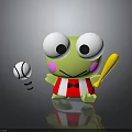 Cute Green Cartoon Frog Character Playing Baseball With Yellow Bat And Ball