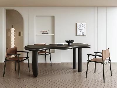 Modern Dining Table Set With Leather Chairs Black Frames And Wooden Flooring 3d model