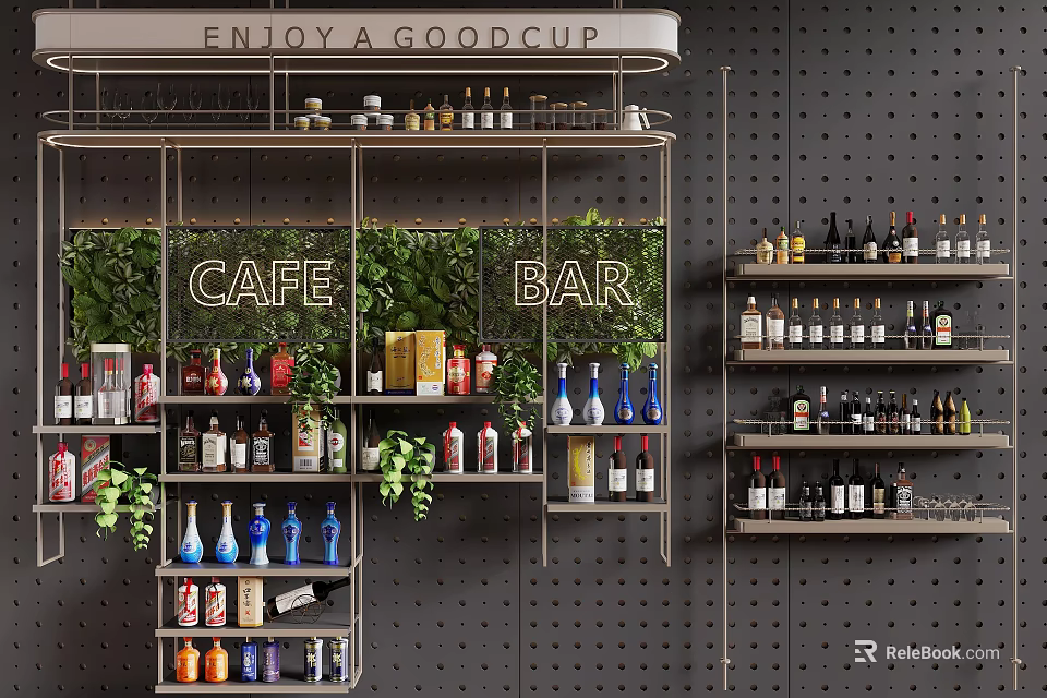 Cafe Bar Interior Wall Mounted Storage Shelves With Bottles Green Plants And Black Pegboard 3d model 