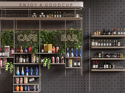 Cafe Bar Interior Wall Mounted Storage Shelves With Bottles Green Plants And Black Pegboard 3d model