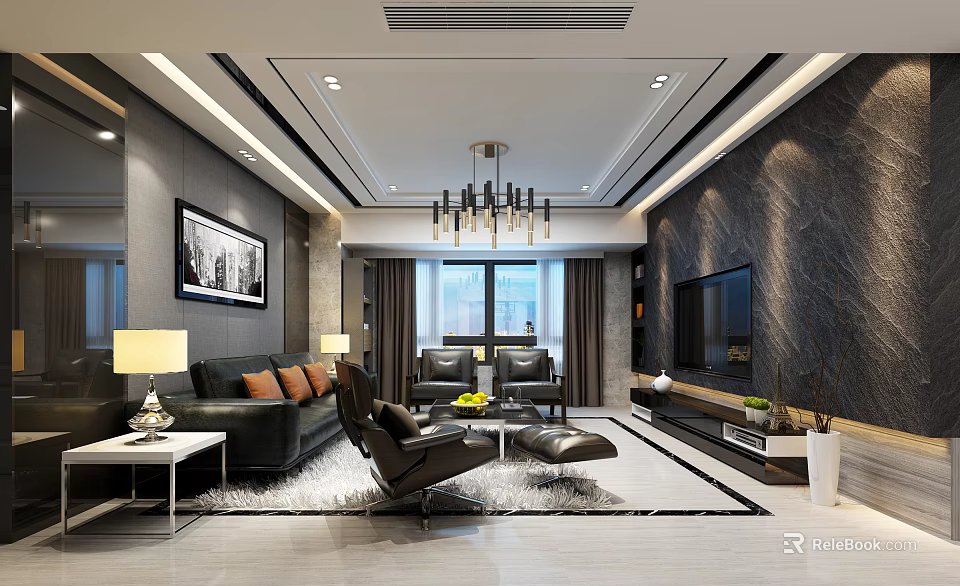 Modern Living And Dining Room Interior With Sofa Coffee Table TV And Chandelier 3d model 