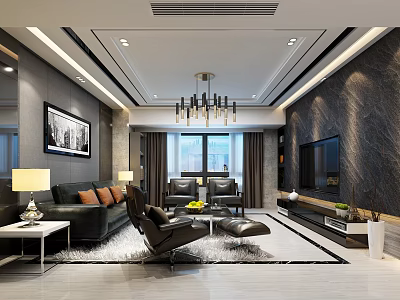 Modern Living And Dining Room Interior With Sofa Coffee Table TV And Chandelier 3d model