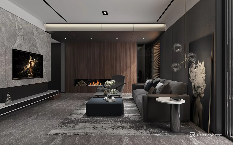 Modern Living Room Interior With Gray Sofa Wooden Accent Wall Fireplace TV And Area Rug 3d model 