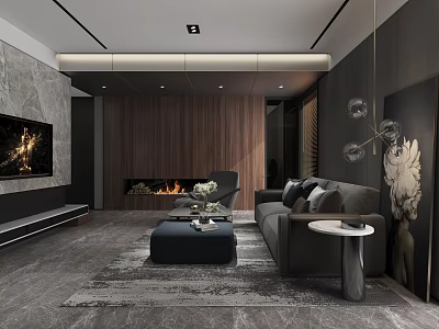 Modern Living Room Interior With Gray Sofa Wooden Accent Wall Fireplace TV And Area Rug 3d model