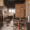 Modern Café Interior Design With Coffee Bar Brick Wall Wooden Chairs And Pendant Lights