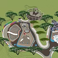 Outdoor Children's Play Area With White Curved Structures Green Trees And Colorful Decorations