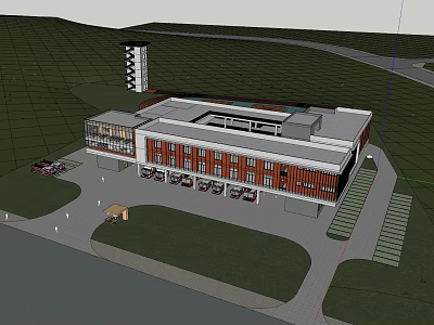 Modern Building Exterior With Red Brown Facade Glass Windows Tower Parking And Green Lawns 3d model