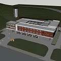 Modern Building Exterior With Red Brown Facade Glass Windows Tower Parking And Green Lawns