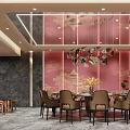 Elegant Private Dining Room Interior With Red Patterned Wall Chandelier And Decorative Plants 3d model