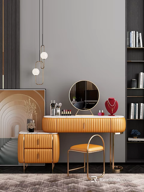 Modern Dressing Table Interior Design With Round Mirror Cosmetics Jewelry And Pendant Lights 3d model 