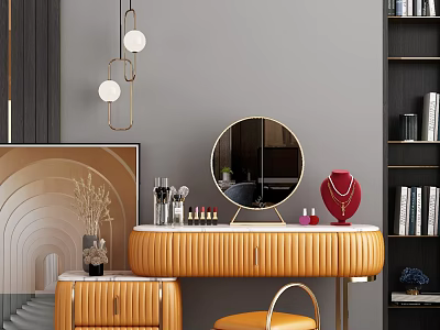 Modern Dressing Table Interior Design With Round Mirror Cosmetics Jewelry And Pendant Lights 3d model