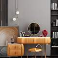 Modern Dressing Table Interior Design With Round Mirror Cosmetics Jewelry And Pendant Lights