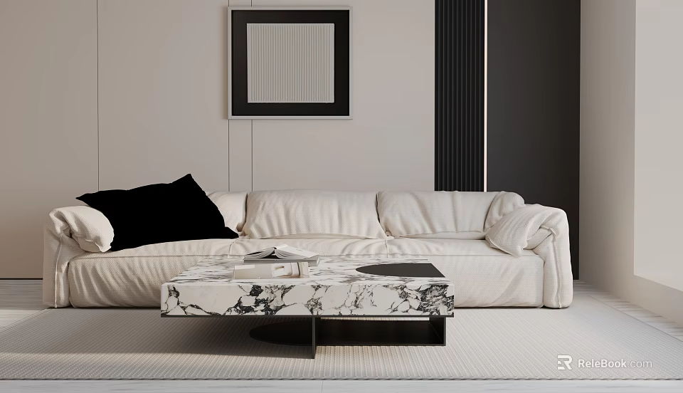 Modern Cream Three Seater Sofa With Marble Coffee Table And Wall Art 3d model 