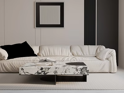 Modern Cream Three Seater Sofa With Marble Coffee Table And Wall Art 3d model