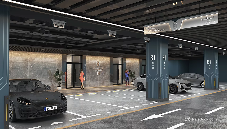 Modern B1 Underground Parking Garage With Marble Wall Luxury Cars Direction Arrows And Entrance 3d model 
