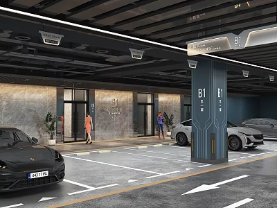 Modern B1 Underground Parking Garage With Marble Wall Luxury Cars Direction Arrows And Entrance 3d model