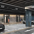 Modern B1 Underground Parking Garage With Marble Wall Luxury Cars Direction Arrows And Entrance